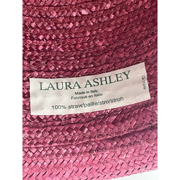 VTG Laura Ashley Italy Pink Red Raffia Straw Hat Rolled Brim Coche Style Cottage